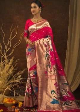 Pink Festive Zari Woven Saree In Art Paithani Silk