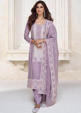 Purple Embroidered Organza Pant Suit Set