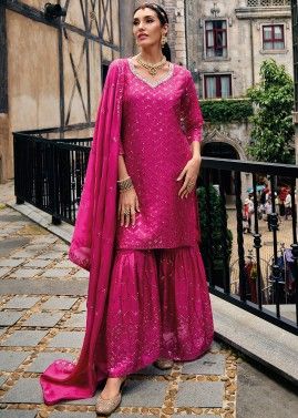 Pink Readymade Embroidered chiffon Gharara Suit