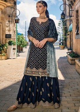 Blue Readymade Embroidered Gharara Suit In chiffon