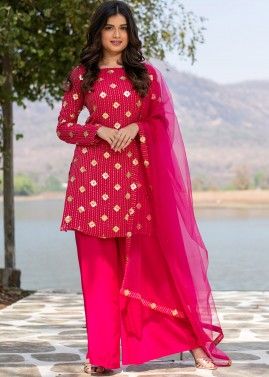 Pink Readymade Sequins Embellished Palazzo Suit