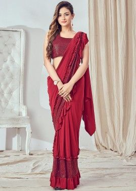 Red Embroidered Readymade Saree In Lycra