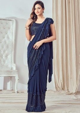 Blue Readymade Sequins Embellished Saree In Lycra