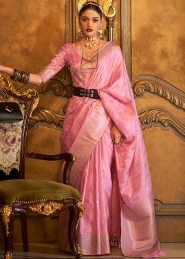 Pink Satin Saree In Zari Woven Work
