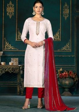 Pink Cotton Pant Suit In Dori Embroidery