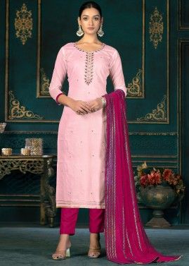 Pink Embroidered Pant Suit In Cotton