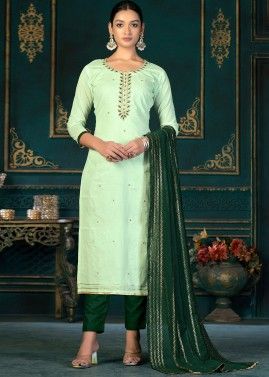 Green Embroidered Cotton Pant Suit Set