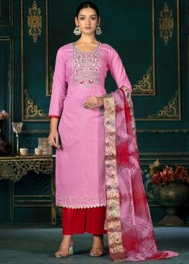 Pink Cotton Embroidered Pant Suit Set