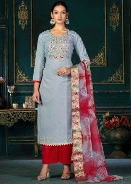 Grey Embroidered Pant Suit With Tie Dye Dupatta
