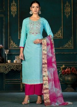 Turquoise Cotton Pant Suit In Dori Embroidery