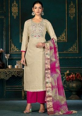 Beige Embroidered Pant Suit Set In Cotton