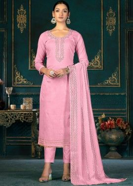 Pink Cotton Pant Suit In Cut Beads Work