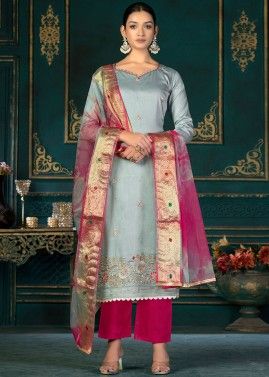 Grey Embroidered Suit Set In Cotton