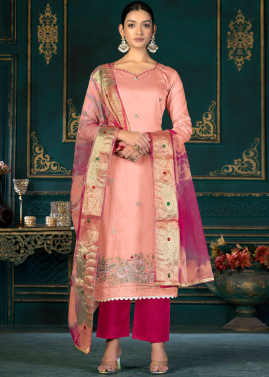 Peach Embroidered Pant Suit Set With Dupatta