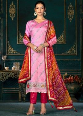 Pink Embroidered Suit Set With Chiffon Dupatta