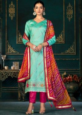 Turquoise Suit Set With Bandhej Printed Dupatta