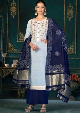 Blue Embroidered Suit Set In Cotton