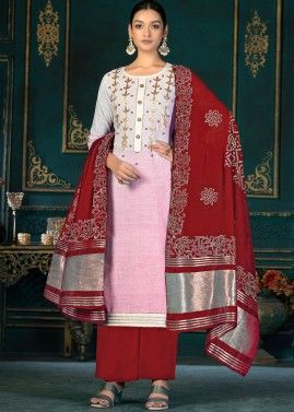 White And Pink Shaded Embroidered Suit Set