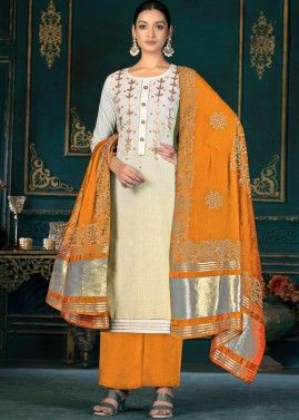 Yellow Embroidered Palazzo Suit Set In Cotton