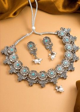 Blue Stone Studded Oxidised Necklace Set