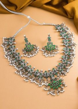 Studded Stone Green Oxidised Necklace Set