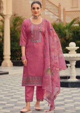 Pink Readymade Embroidered Pant Suit In Silk