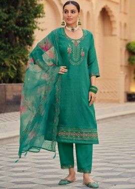 Green Readymade Silk Pant Suit In Embroidery