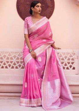 Pink Linen Zari Woven Saree