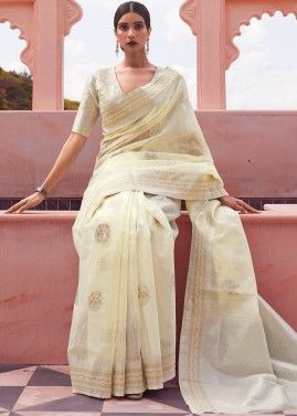 Yellow Linen Saree In Woven Work