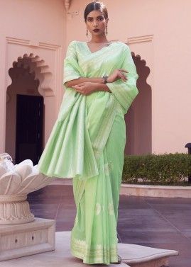 Green Linen Saree With Woven Border