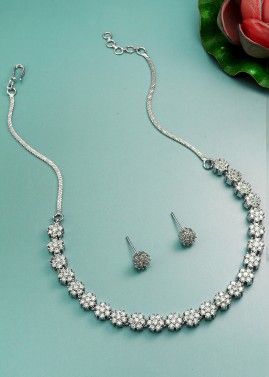 Silver American Diamond Studded Necklace Set