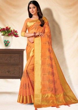 Orange Banarasi Silk Saree In Woven Work