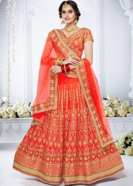 Bridal Orange And Beige Net Lehenga Saree - Lehengas, Ready To Ship, Sale  Designer Collection