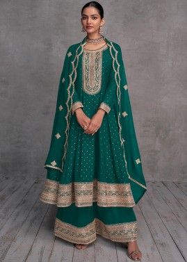 Green Embroidered Flared Palazzo Suit Set