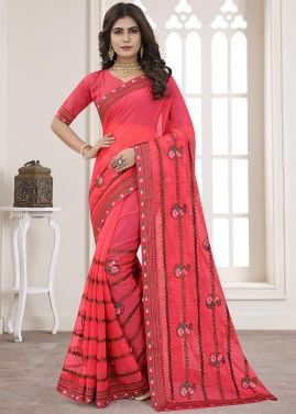 Red Embroidered Pallu Shimmer Saree