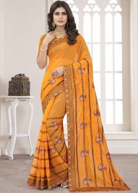 Yellow Embroidered Shimmer Saree With Blouse