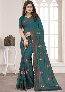 Green Shimmer Saree With Thread Embroidery