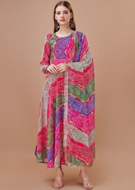 Multicolored Bandhej Printed Readymade Anarkali Suit