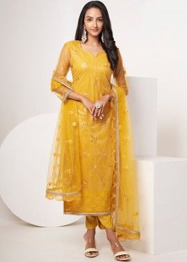 Yellow Embroidered Net Pant Suit Set