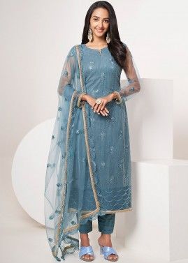 Blue Net Embroidered Pant Style Suit