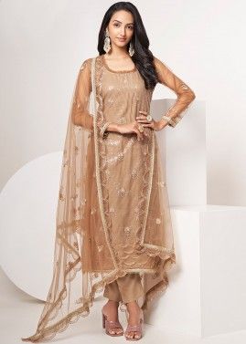 Brown Thread Embroidered Pant Style Suit