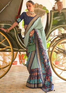 Off White & Blue Printed Saree In Patola