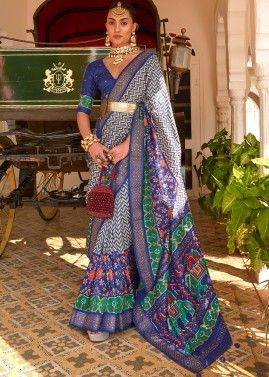 Off White & Blue Triditional Printed Patola Saree