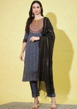 Grey Embroidered Suit Set In Art Silk