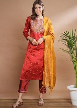 Red Embroidered Pant Suit Set