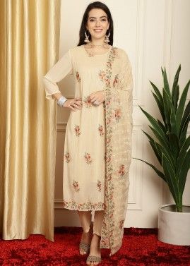 Beige Dori Embroidered Pant Suit In Georgette 