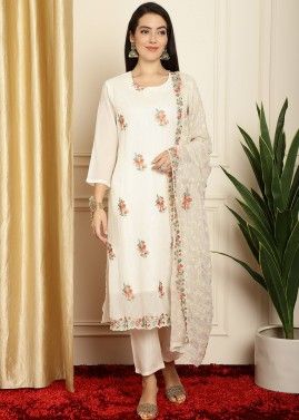 White Georgette Pant Suit In Dori Embroidery