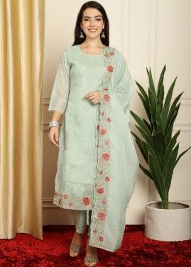 Green Embroidered Organza Pant Suit & Dupatta