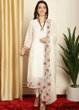 White Embroidered Pant Suit In Organza