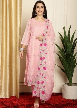 Pink Organza Thread Embroidered Pant Suit Set